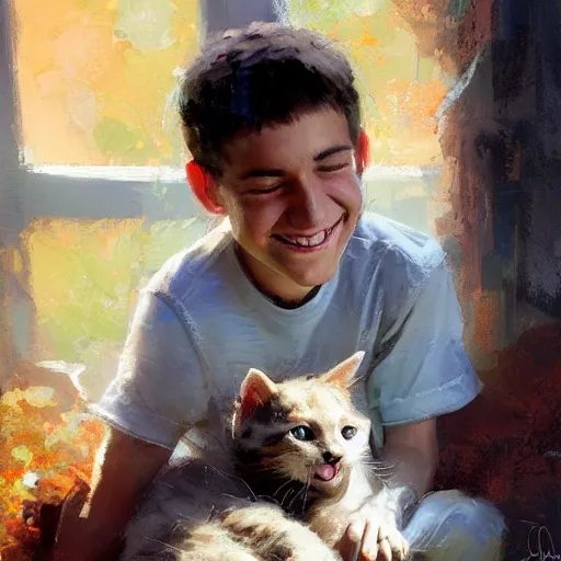 Image similar to a teenage boy smiling at the kitten in his lap. By Craig Mullins and Jordan Grimmer