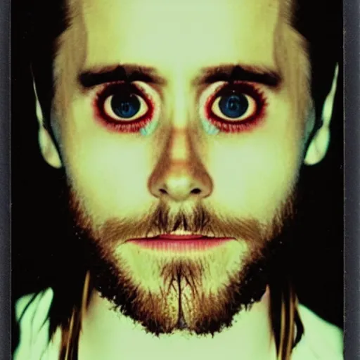 Image similar to a polaroid shot of jared leto as head of a cult, creepy, uncanny, polaroid