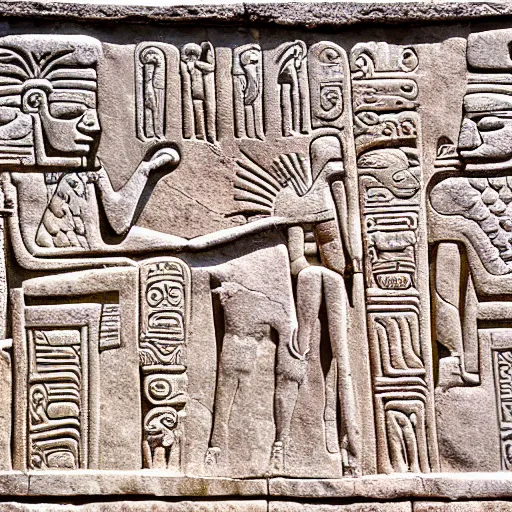 Prompt: ancient mayan carving bas-relief stelae hieroglyphs