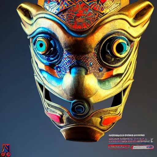 Image similar to a cyberpunk tribal mask, japanese pottery, vivid colors, wood, metal, intricate details, trending on cgsociety, glowing eyes, one per image, sharp focus, ultra realistic details, cinematic atmosphere, global illumination, shadows, octane render, 8 k