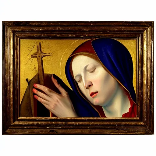 Image similar to original oil painting of a our lady of sorrows crying tears by alessandro allori fra angelico