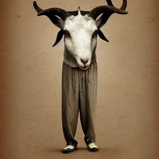 Image similar to A man with a goat head, photorealistic, film still