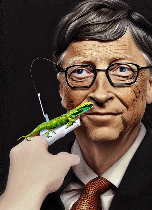 Image similar to bill gates as a lizard reptile!!!, holding a syringe, portrait, intricate, elegant, highly detailed, digital painting, artstation, concept art, wallpaper, smooth, sharp focus, illustration, art by h. r. giger and artgerm and greg rutkowski and alphonse mucha