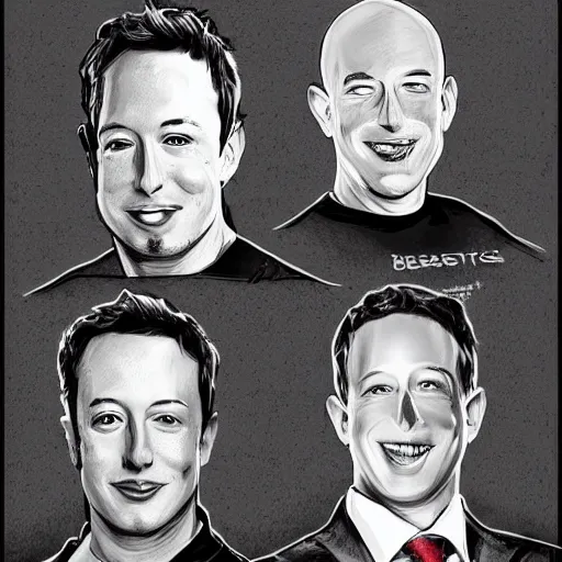 Image similar to portrait of elon musk, mark zuckerberg, jeff bezos, in meeting together, very detailed, art contest winner on behance, trendy on deviant art, by by artgem