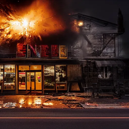 Image similar to Wendy's restaurant exploding, high resolution 8k, photography, tragic,