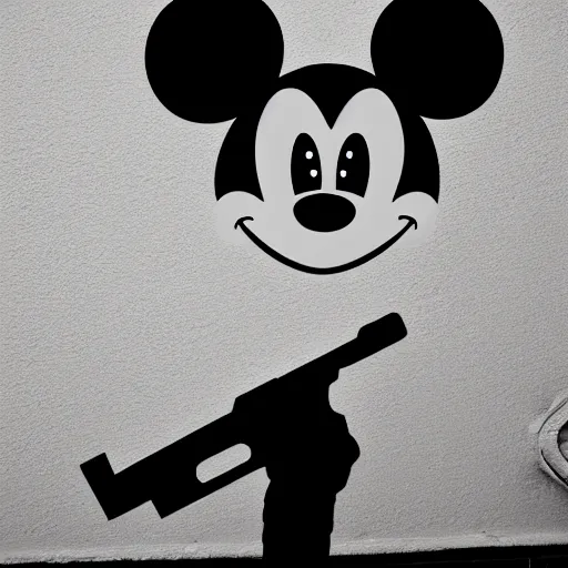 Image similar to shadow on the wall at a party of mikey mouse with a gun.