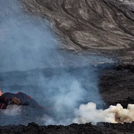 Prompt: old man sunbathing on a volcano, eruptions and lava on the ground, steam and thick sulfuric smoke, molten rocks, magma