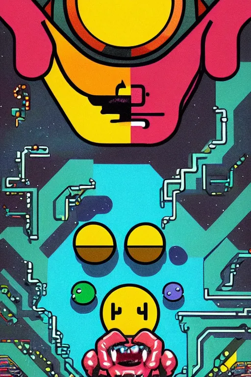 Image similar to portrait of pacman in the style of Rob Lefield and Dan Mumford , trending on artstation, digital art,surrealism ,macro,blueprint ,vaporwave ,