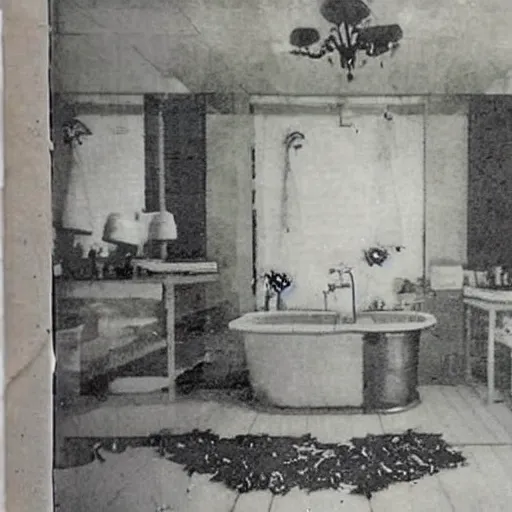 Image similar to a newspaper clipping with a photo showing a luxurious bathroom with a smashed mirror shattered on the floor