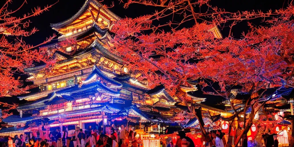 Image similar to photo of toro nagashi festival at midnight, beautiful colors and lighting, extremely intricate, hyper detailed, hd, masterpiece