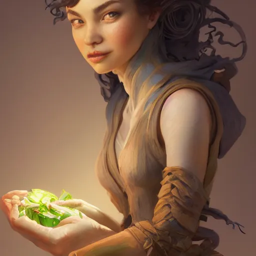 Image similar to an insanely detailed portrait of a beautiful woman facing you, highly detailed features, smiling, cutting vegetables, kitchen in background, in the style of peter mohrbacher, artgerm, dramatic lighting and composition, octane render, trending on artstation, concept art 8 k