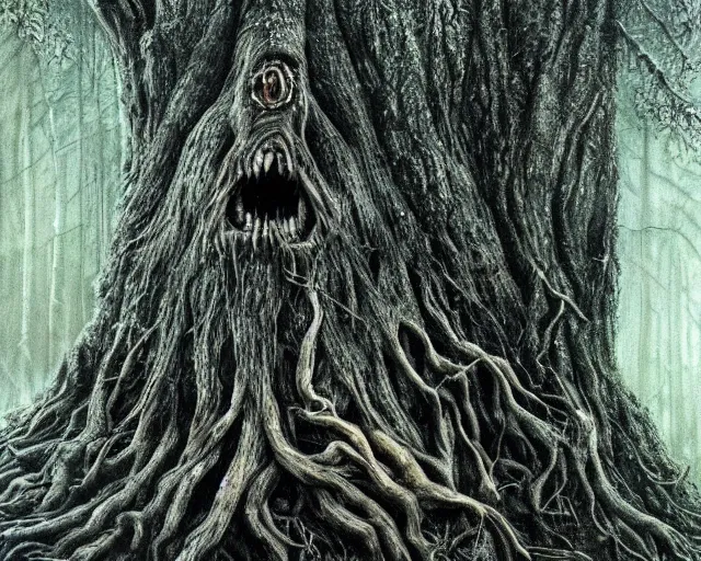 Image similar to a talking oak tree, a face in the bark, eyes in the bark, mouth in the bark, horror concept art, sharp teeth, digital painting, oil painting, hyperrealistic, treebeard, ent, undead, monster, highly detailed, moonlight, very detailed eyes, in the forest, by alan lee, by artgerm