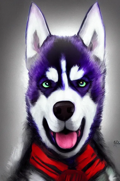 Image similar to a portrait painting of a husky in cowboy costume in the style of anime, humanoid, personify, anthropomorphic, treniding on artstation