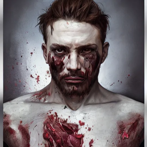 Prompt: portrait painting of a bloodied male butcher, ultra realistic, concept art, intricate details, eerie, highly detailed, photorealistic, octane render, 8 k, unreal engine. art by artgerm and greg rutkowski and alphonse mucha