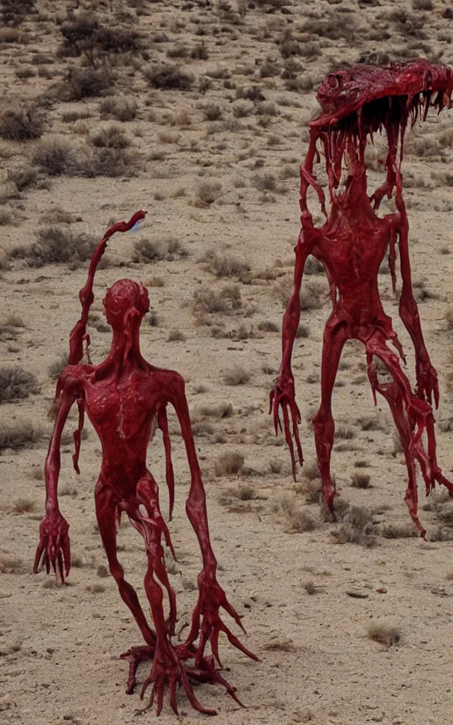 Image similar to in the desert a bloody gross horrifying The Thing creature made of muscle and bone and blood stares at the camera, eating, mid day, 35mm photography, realistic,