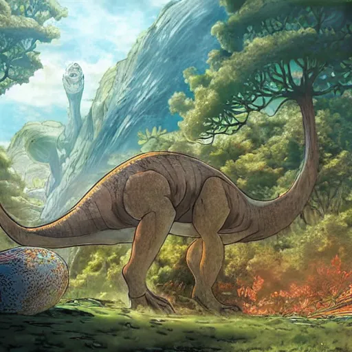 Image similar to Dinosaur Egg Omelette, fantasy art, illustration, natural, fantasy, art by Hayao Miyazaki, Makoto Shinkai