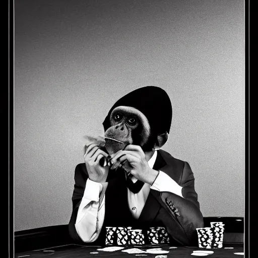 Image similar to monkey in a suit smoking a cigar and playing poker in a casino, 5 0 mm, black and white photo, trending on artstation