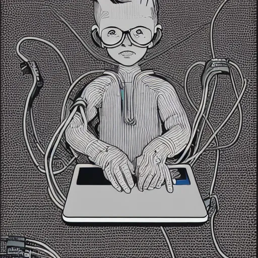 Prompt: illustration of a boy connected to his laptop with hundreds of wires, highly detailed, by butcher billy, mcbess, rutkowski, artgem, james jean, 8 k, photorealistic