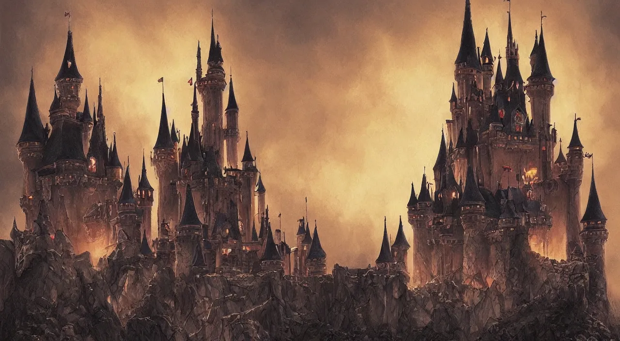 Image similar to disney fantasy castle. Jean-Baptiste Monge and Alex Ross a artwork of a gothic revival castle. fantasy castle, trending on artstation. mood lighting, battle, Castle Siege, fire and smoke, sunset