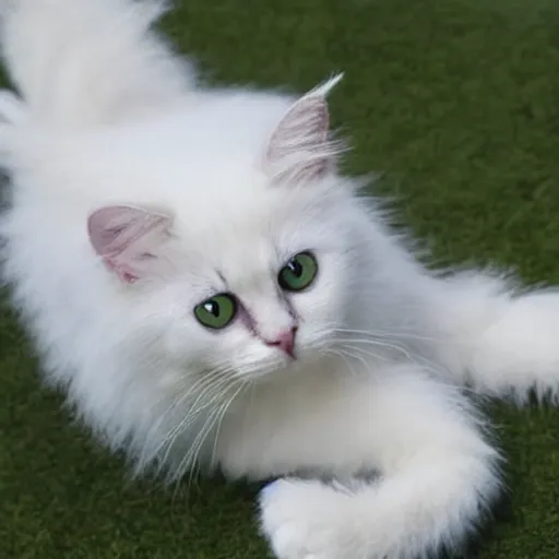 Image similar to cute white fluffy cat, large eyes, eats owner