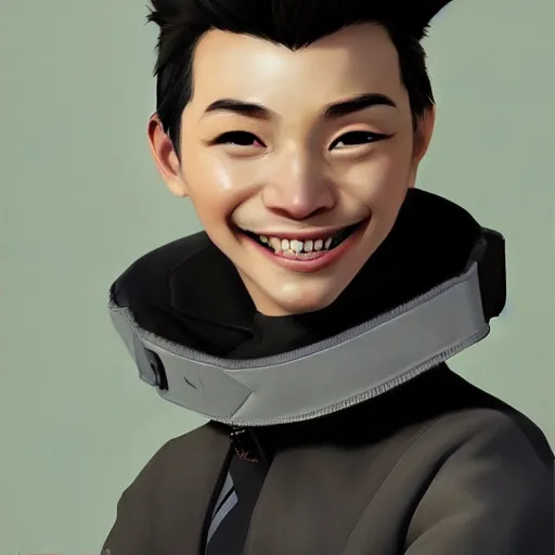 Image similar to Portrait painting an anthropomorphic gray cat smiling wearing a jacket and a collar, as an Overwatch character, medium shot, asymmetrical, profile picture, Organic Painting, sunny day, Matte Painting, bold shapes, hard edges, street art, trending on artstation, by Huang Guangjian and Gil Elvgren and Sachin Teng