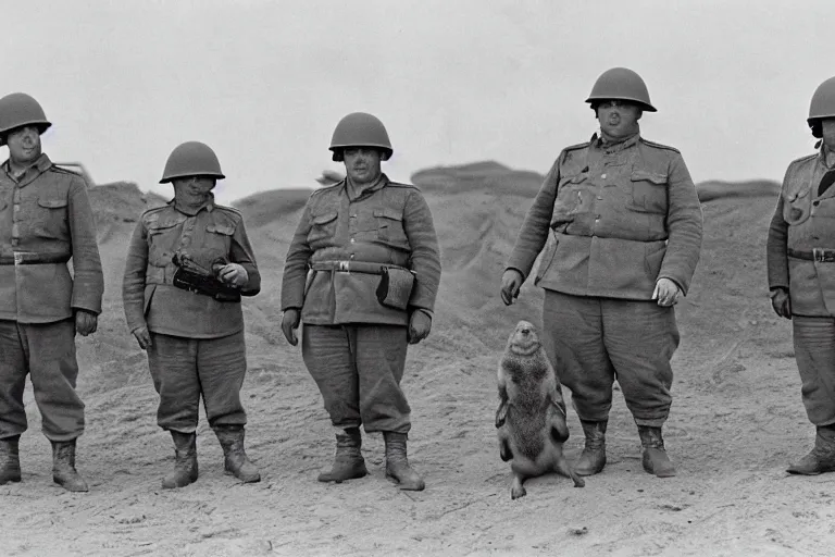 Prompt: obese prairie dog soldiers in ww 2