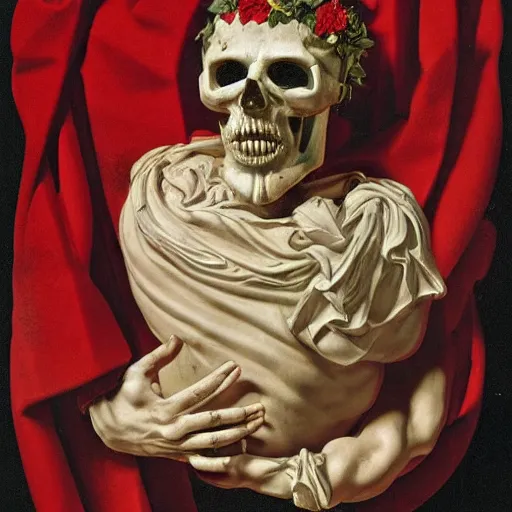 Image similar to a man in the form of a Greek sculpture with a mask in the form of a skull and wreath of flowers skulls in hands dressed in a biomechanical dress, red white and gold color scheme, baroque, by Michelangelo