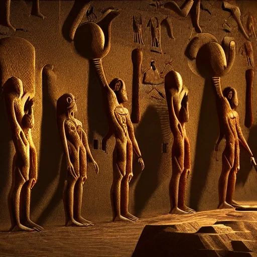 Image similar to realistic render of a group of alien monsters looking hieroglyphs, cinematic lighting