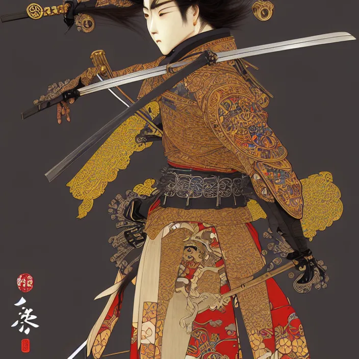 Image similar to anthropomorphic samurai bear cyborg, fantasy, intricate, highly detailed, lifelike, photorealistic, digital painting, artstation, illustration, concept art, smooth, sharp focus, art by alphonse mucha and kitagawa utamaro and ogata korin and aya takano