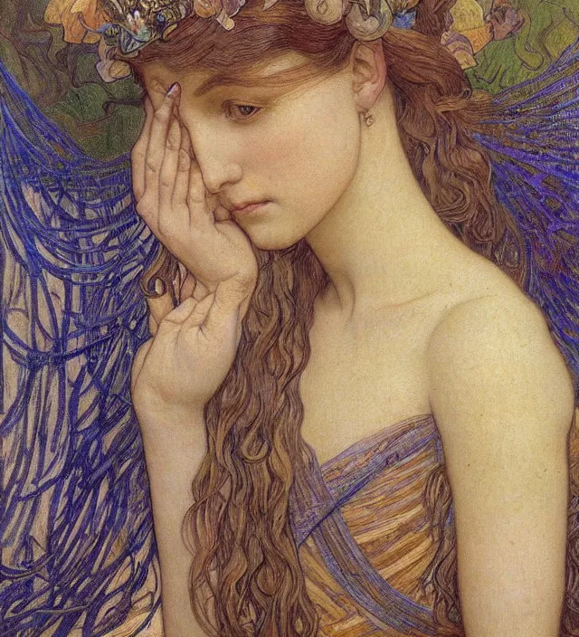 Image similar to detailed realistic beautiful young medieval queen face portrait by jean delville, alphonse mucha, vincent van gogh, and marco mazzoni, art nouveau, symbolist, visionary, gothic, pre - raphaelite