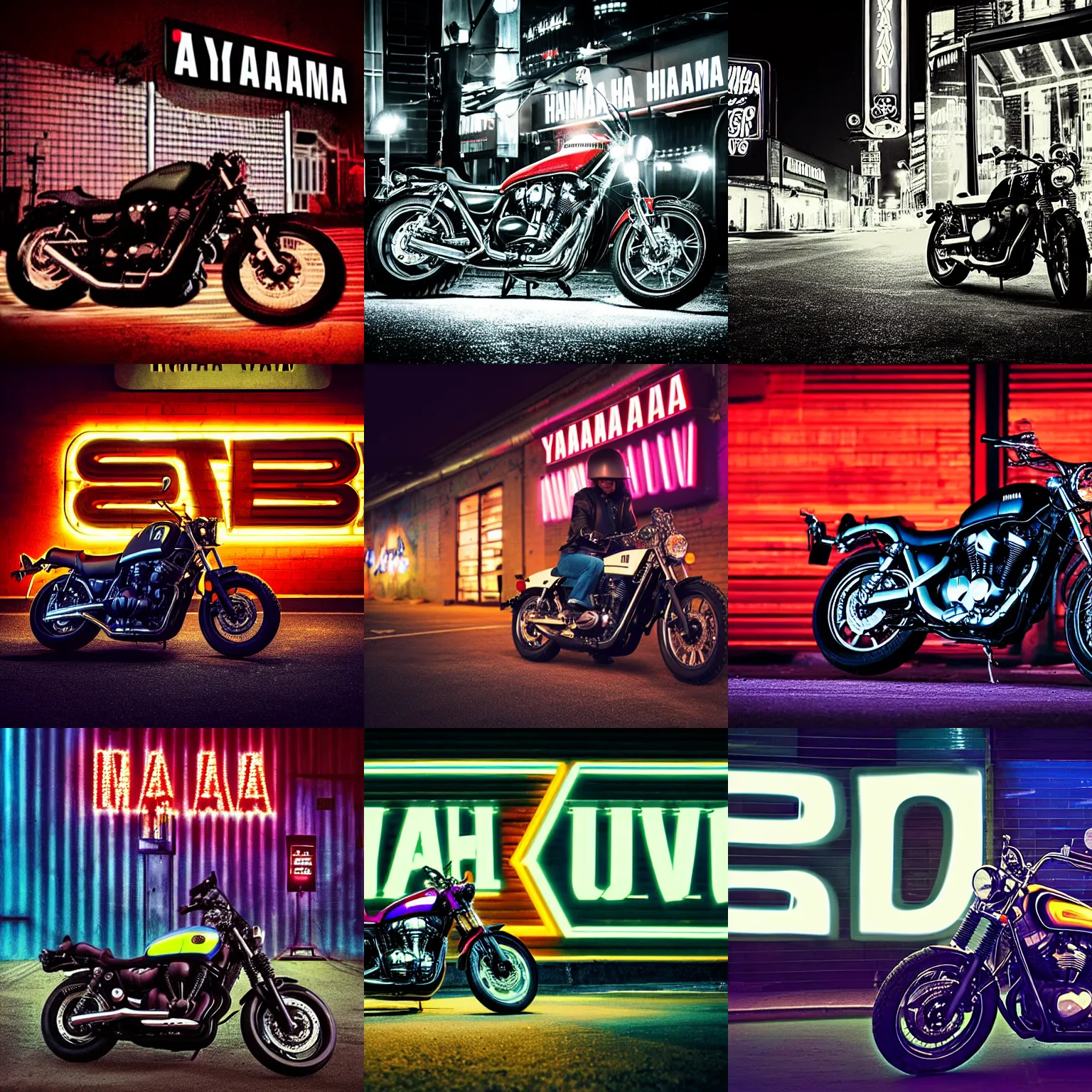 Prompt: grainy album cover of a Yamaha XV950/R in front of a neon sign at night, dual tone lighting, bright headlights, chromatic aberration, atmospheric