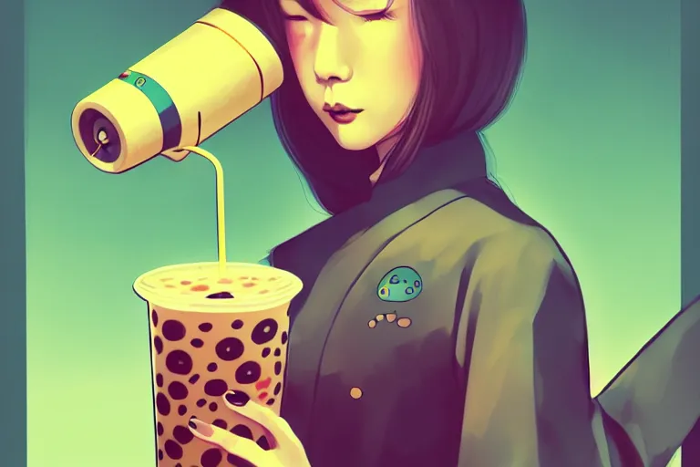 Image similar to drinking boba tea, 6 0 s art, flat, adorable, phantom, dreary, dramatic, fluid, golden ratio, artstation, moebius + loish, hd,