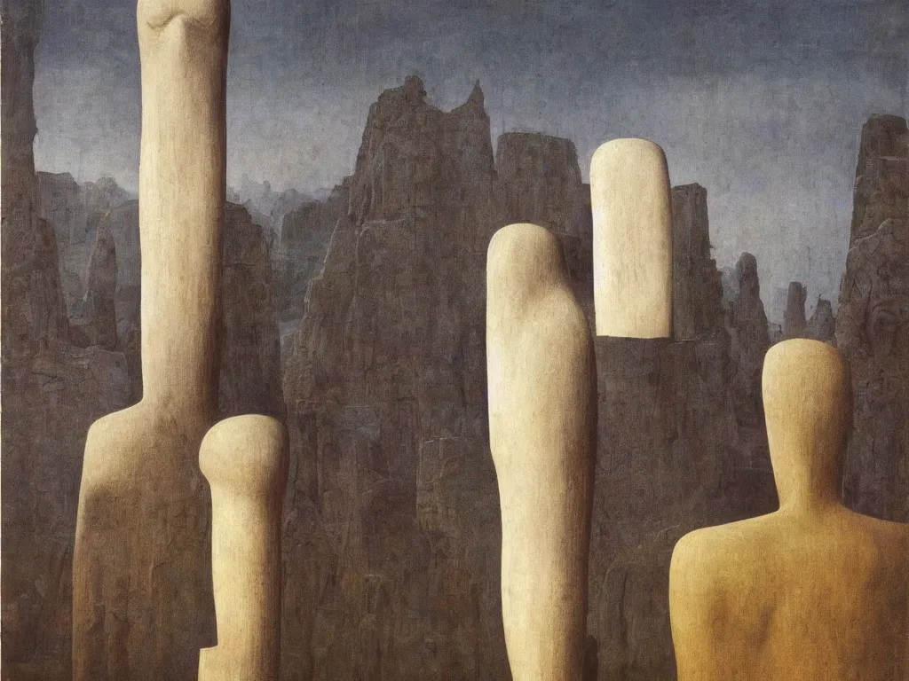 Prompt: Albino mystic with his back turned, looking in the distance at giant totemic archaic sculpture mask Brancusi sculpted temple. Painting by Jan van Eyck, Beksinski, Caspar David Friedrich, Rene Magritte, Agnes Pelton, Max Ernst, Walton Ford