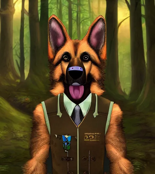 Image similar to close up character portrait icon of the anthro anthropomorphic very cute german shepard trader head animal person fursona wearing clothes standing in the bright forest, hidari, color page, tankoban, 4 k, tone mapping, akihiko yoshida