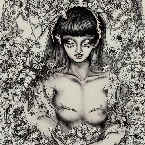 Image similar to prompt: beautiful girl in lake with light up face painted in baroque style, nymph in the water, small flowers around and on the side, 1980 manga, black and white photo, intricate ink drawing, high detail, Neo-expressionism, post-modern gouache marks on the side, gnarly details in the water and brushstrokes