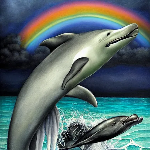 Image similar to a hyper realistic painting of the grim reaper riding a dolphin over a rainbow, by santiago caruso, highly detailed, vivid color,