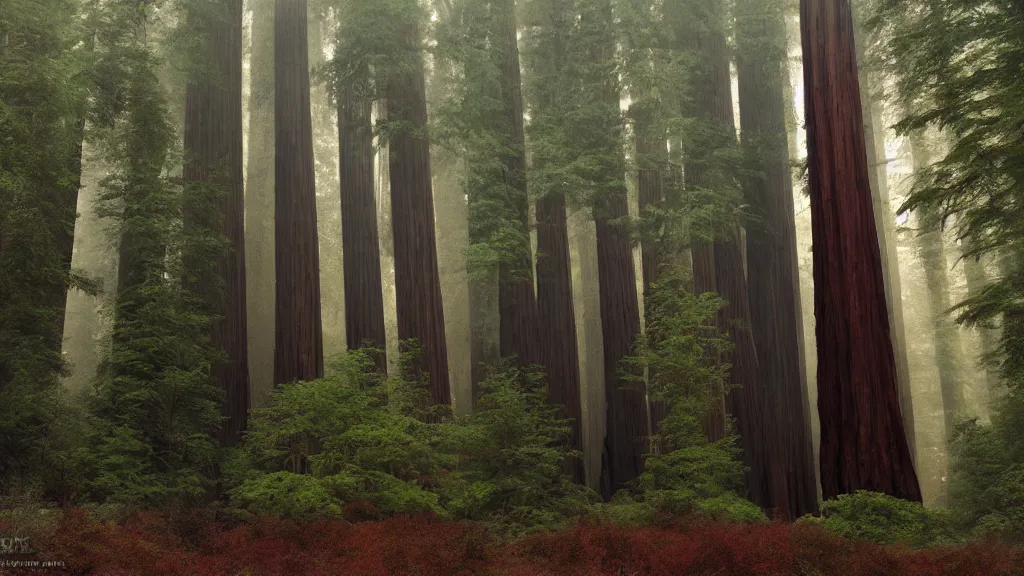 Prompt: dense redwood forest sequoia concept art misty