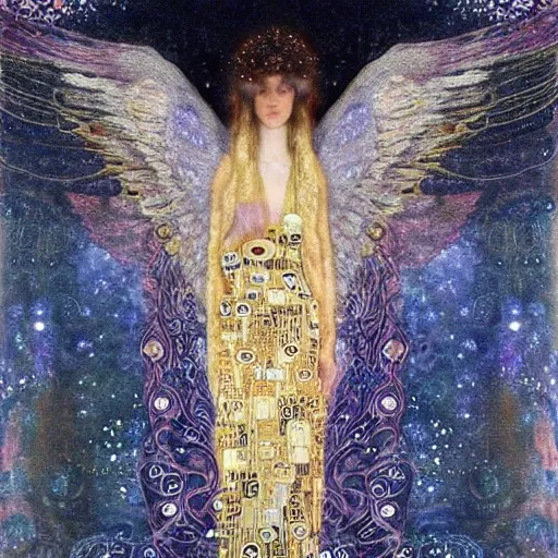 Image similar to dreamy angel, in the cosmos, 🌫🌌 intricate long shelve robes, intricate detail, klimt, royo,