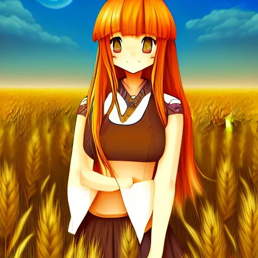 Image similar to digital illustration of Holo from Spice and Wolf standing in a wheat field at sunset, Holo is a wolf girl, high detail, trending on pixiv