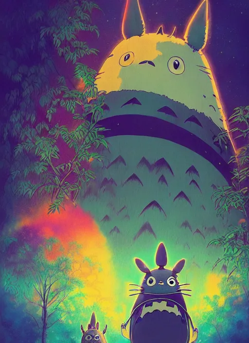 Prompt: A psychedelic portrait of my neighbor totoro, vibrant color scheme, highly detailed, in the style of romanticism, cinematic, artstation, Moebius, Greg rutkowski