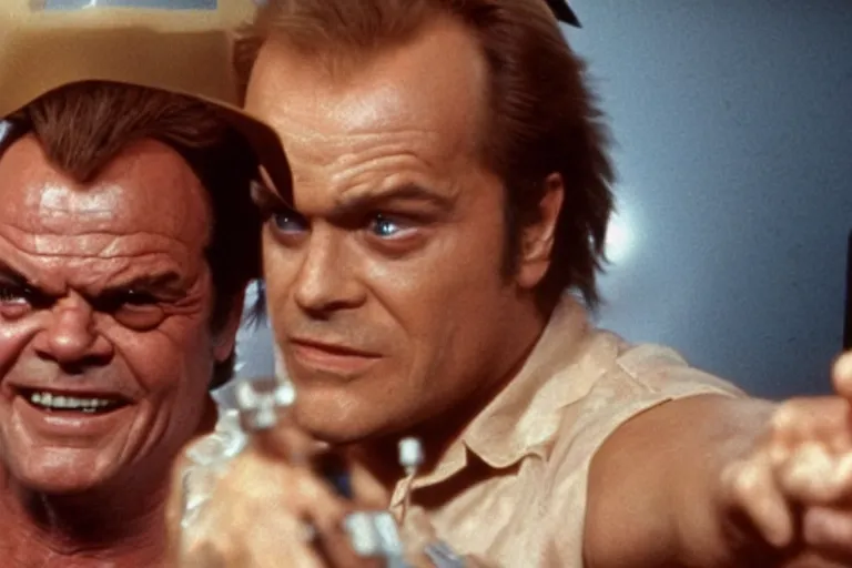 Image similar to Jack Nicholson plays Pikachu Terminator, scene where his inner endskeleton is visible and his eye glows red, still from the film