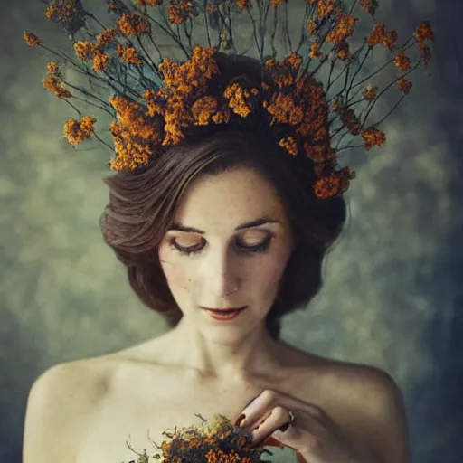 Prompt: fine art photo of catherine diana ; princess of wales, she has a crown of dried flowers, by oleg oprisco