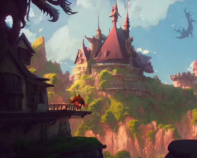 Image similar to fantasy castle with a dragon, cory loftis, james gilleard, atey ghailan, makoto shinkai, goro fujita, studio ghibli, rim light, exquisite lighting, clear focus, very coherent, plain background, soft painting