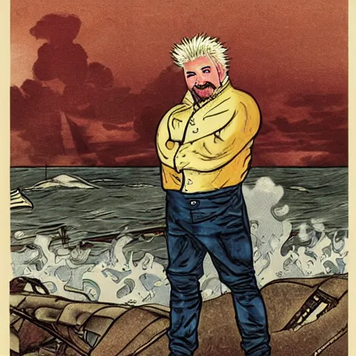 Prompt: guy fieri as a shipwreck survivor, revolutionary war color print