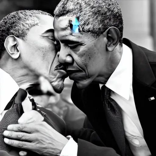 Prompt: two subjects: Joseph Stalin and Barack Obama kissing each other passionately on the lips, 8k, dslr, depth of field