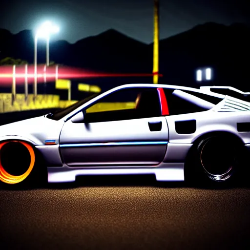 Image similar to a car 300ZX turbo drift at illegal car meet, Chiba prefecture, city midnight mist lights, cinematic lighting, photorealistic, highly detailed wheels, high detail