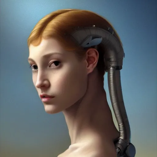 Prompt: A young beautiful female extraterrestrial-cyborg face with a very long neck, big clear eyes, thin nose, big lips, hair floating in the wind:: alien is from the future, Realistic, Refined, Detailed Digital Art, Oil Painting, William-Adolphe Bouguereau, Pre-Raphaelite,Renaissance, Highly Detailed, Cinematic Lighting, Unreal Engine, 8K