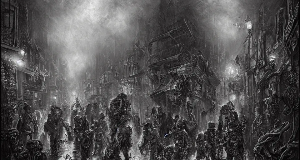 Image similar to a beautifully horrific ultra - detailed lovecraftian painting of steampunk demons gathered in the night time alleyway, illuminated by volumetric lighting, in the style of francisco goya, trending on artstation