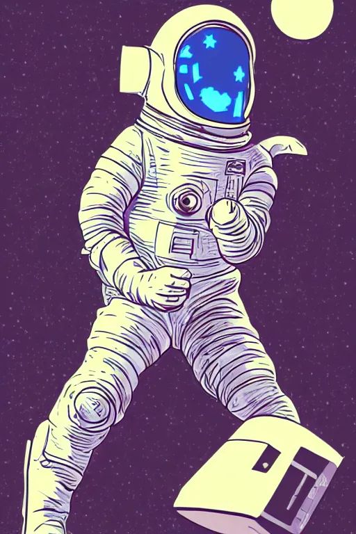 Image similar to simplistic, basic digital drawing in photoshop of a retro astronaut fighting a vintage cyber man