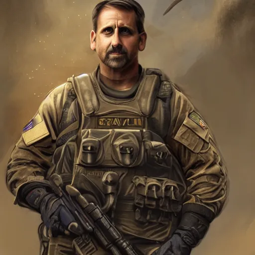 Prompt: Steve Carell as a navy SEAL, high resolution fantasy concept art, intricate details, soft lighting